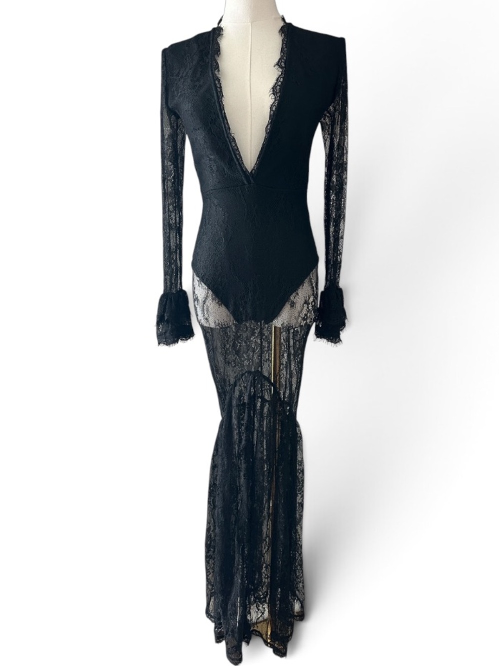 Black Bodysuit Semi Sheer Lace Maxi Dress Women XS Cosplay Halloween Witchy Goth